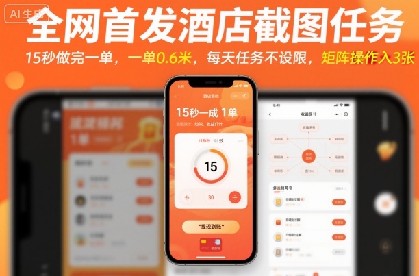 全网首发酒店截图任务，15秒做完一单，一单0.6米，每天任务不设限，矩阵操作日入3张