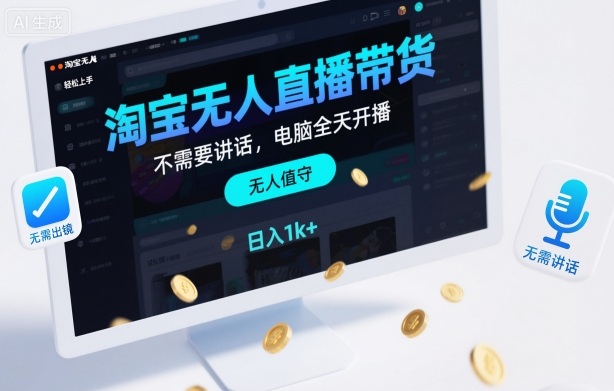 淘宝无人直播带货，不需要出镜，不需要讲话，电脑全天开播，轻松上手，日入1k+