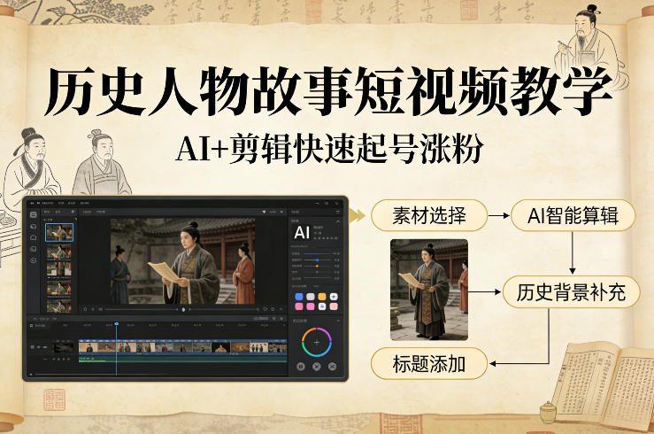 历史人物故事短视频教学，AI+剪辑制作历史人物题材短视频，快速起号涨粉