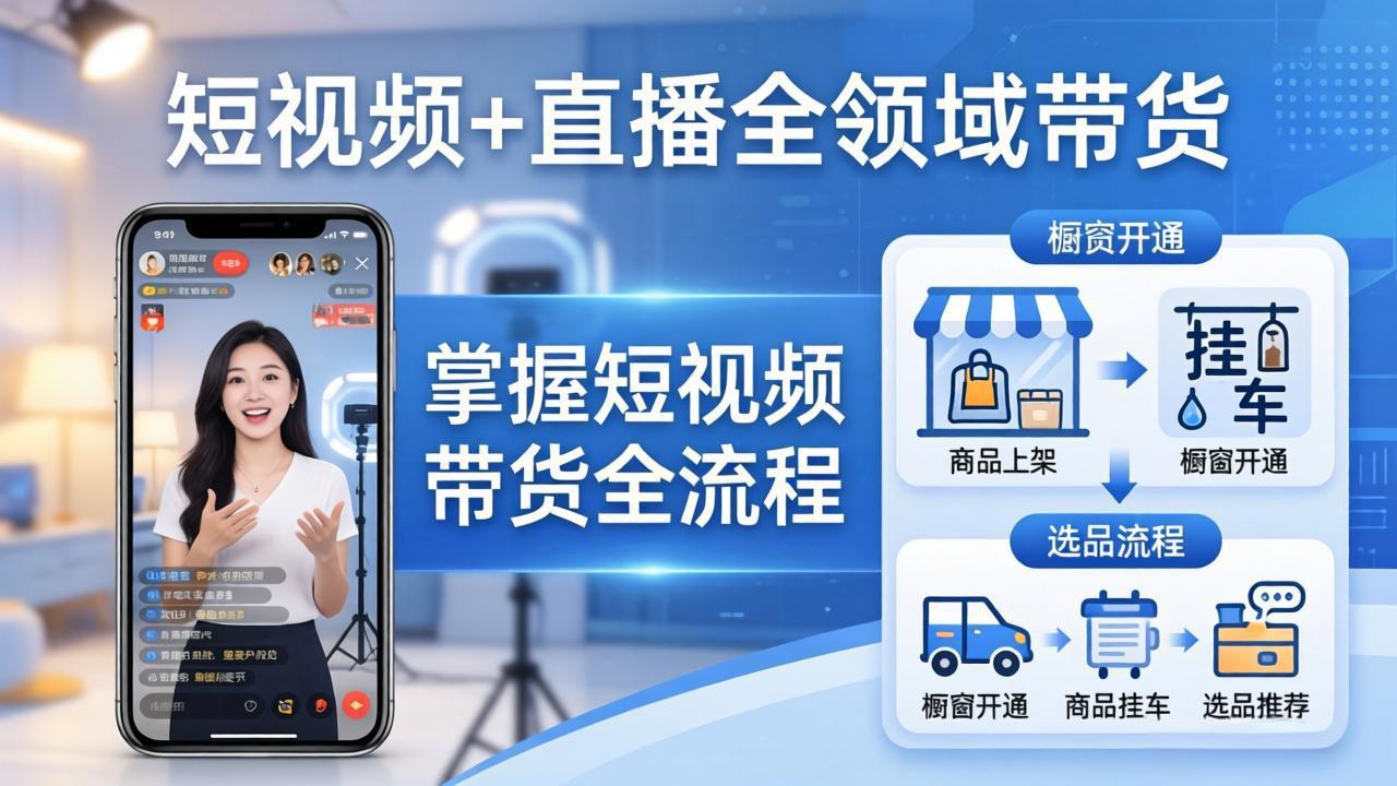 (17835期)短视频+直播全领域带货:掌握橱窗开通、挂车、选品、爆款文案改编等短视频带货全流程