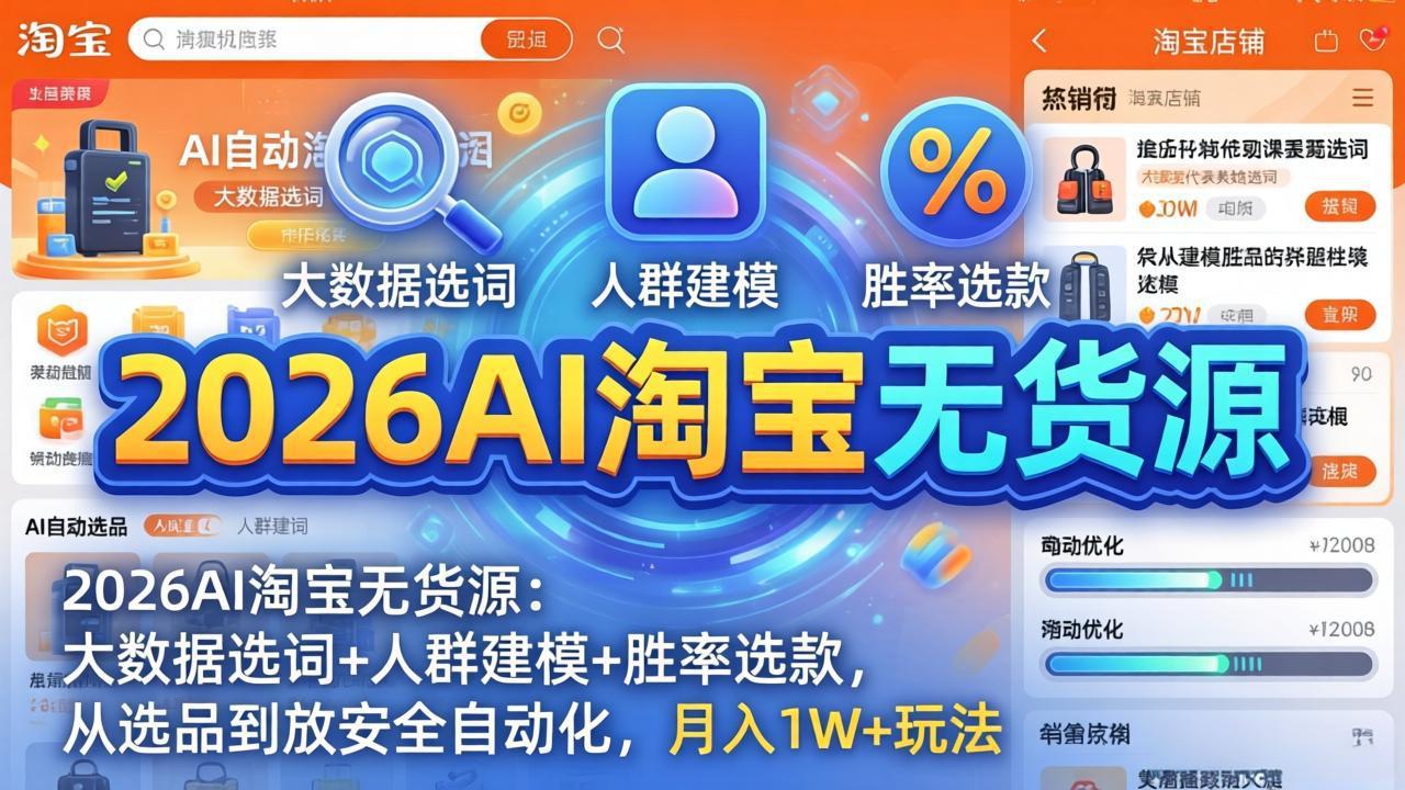 (17955期)2026AI淘宝无货源-4月更新:大数据选词+人群建模+胜率选款,从选品到放大全自动化,月入1W+玩法