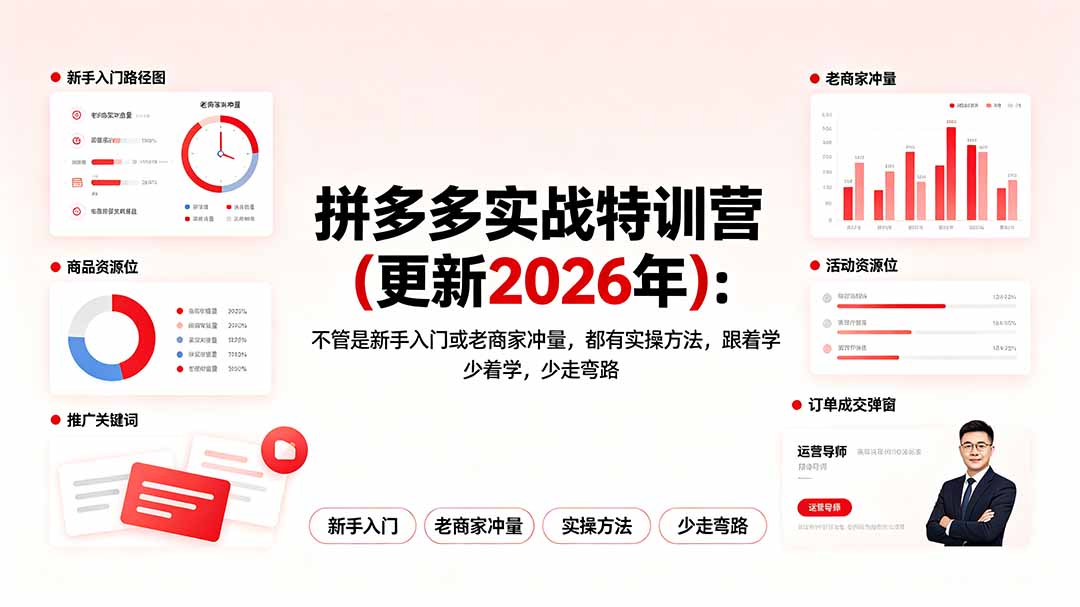 (19291期)拼多多实战特训营(更新2026年):不管是新手入门或老商家冲量,都有实操方法,跟着学,少走弯路