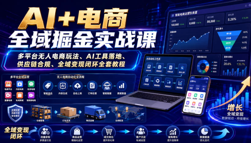 AI+电商全域掘金实战课|多平台无人电商玩法、AI工具落地、供应链合规、全域变现闭环全套教程