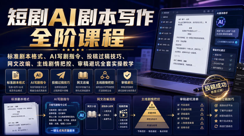 短剧AI剧本写作全阶课程|标准剧本格式、AI写剧指令、投稿过稿技巧、网文改编、主线剧情把控、审稿避坑全套实操教学