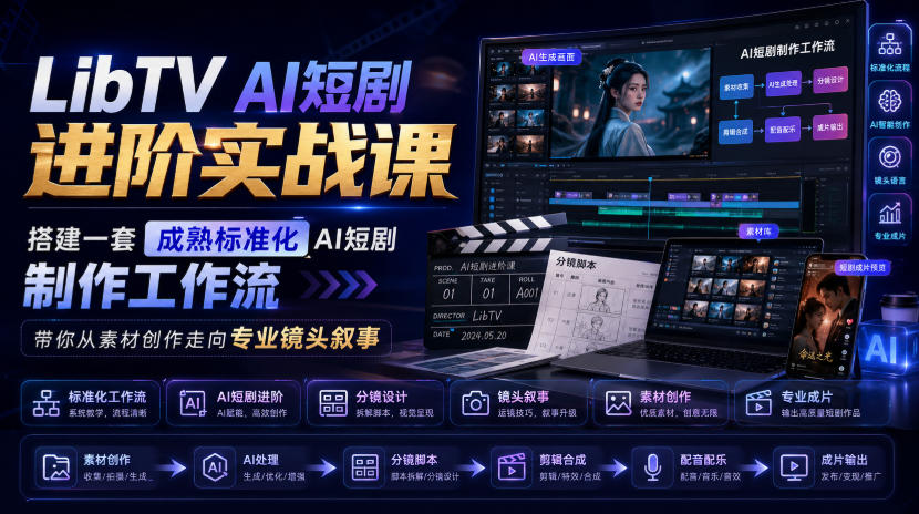 LibTV AI短剧进阶实战课，搭建一套成熟标准化AI短剧制作工作流，带你从素材创作走向专业镜头叙事
