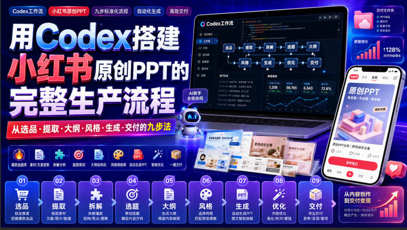 用Codex搭建小红书原创PPT的完整生产流程,从选品·提取·大纲·风格·生成·交付的九步法
