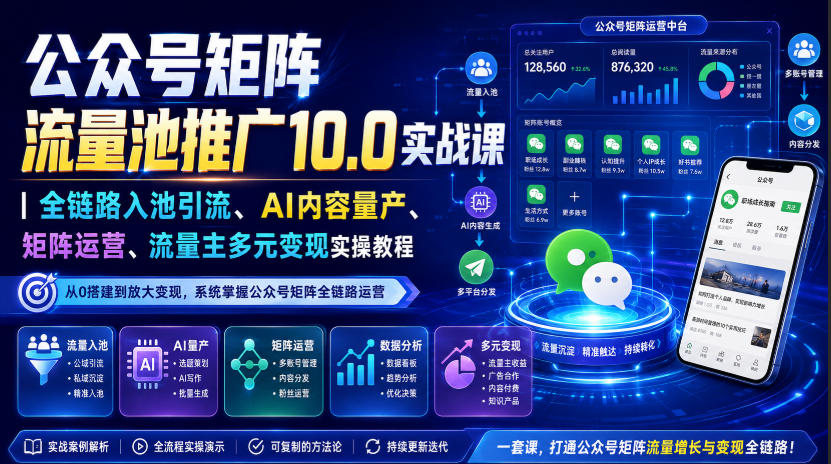 公众号矩阵流量池推广10.0实战课|全链路入池引流、AI内容量产、矩阵运营、流量主多元变现实操教程