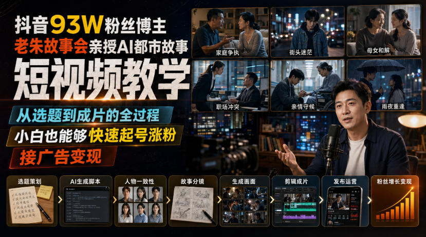 抖音93W粉丝博主老朱故事会亲授AI都市故事短视频教学,从选题到成片的全过程,小白也能够快速起号涨粉接广告变现