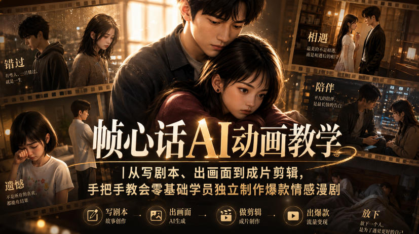 帧心话AI动画教学｜从写剧本、出画面到成片剪辑，手把手教会零基础学员独立制作爆款情感漫剧