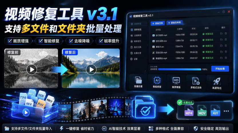 视频修复工具v3.1，支持多文件和文件夹批量处理