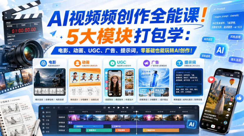 AI视频频创作全能课！5大模块打包学：电影、动画、UGC、广告、提示词，零基础也能玩转AI创作！【原创双语字幕】
