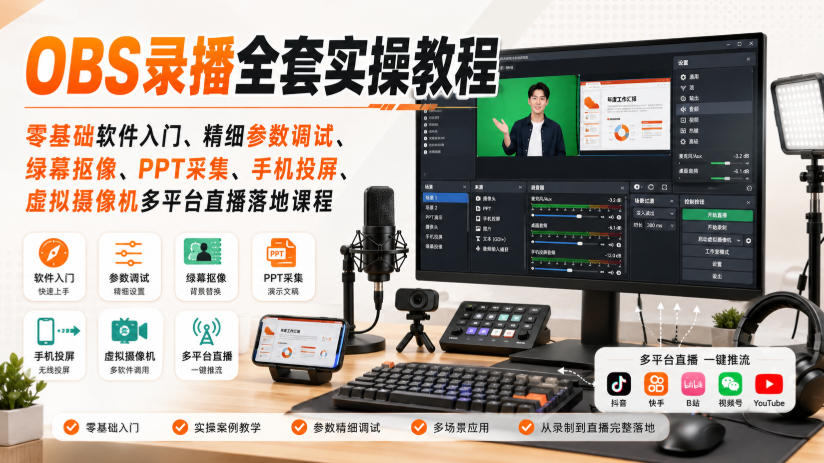 OBS录播全套实操教程｜零基础软件入门、精细参数调试、绿幕抠像、手机投屏、虚拟摄像机多平台直播落地课程