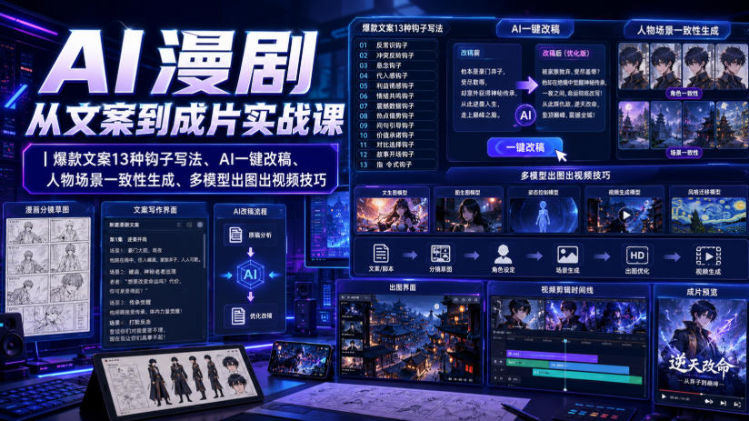 AI漫剧从文案到成片实战课｜爆款文案13种钩子写法、AI一键改稿、人物场景一致性生成、多模型出图出视频技巧