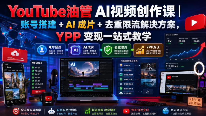 YouTube油管AI视频创作课｜账号搭建+AI成片+去重限流解决方案，YPP变现一站式教学