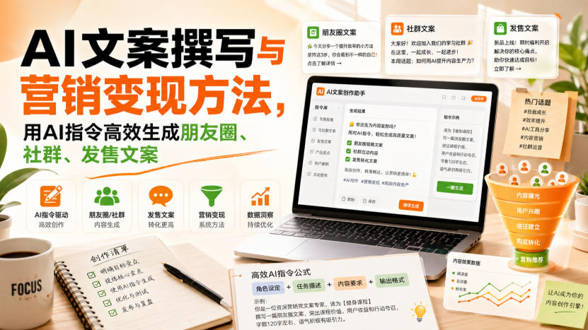 AI文案撰写与营销变现方法，用AI指令高效生成朋友圈、社群、发售文案