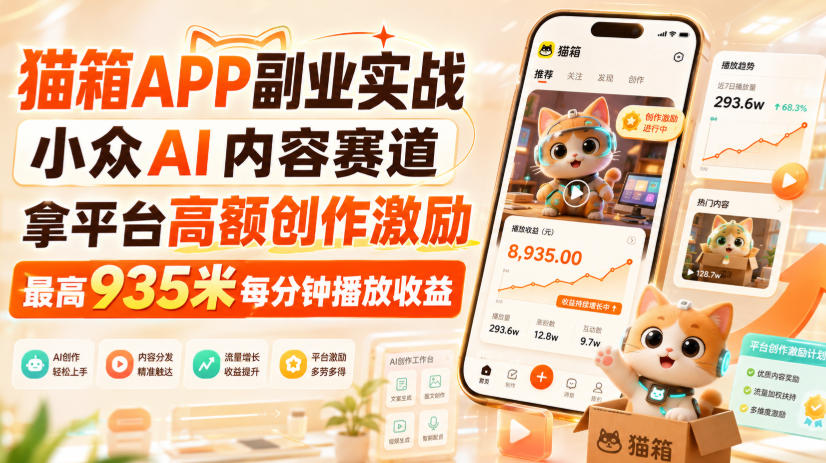 猫箱APP副业实战,小众AI内容赛道,拿平台高额创作激励,最高935米每分钟播放收益