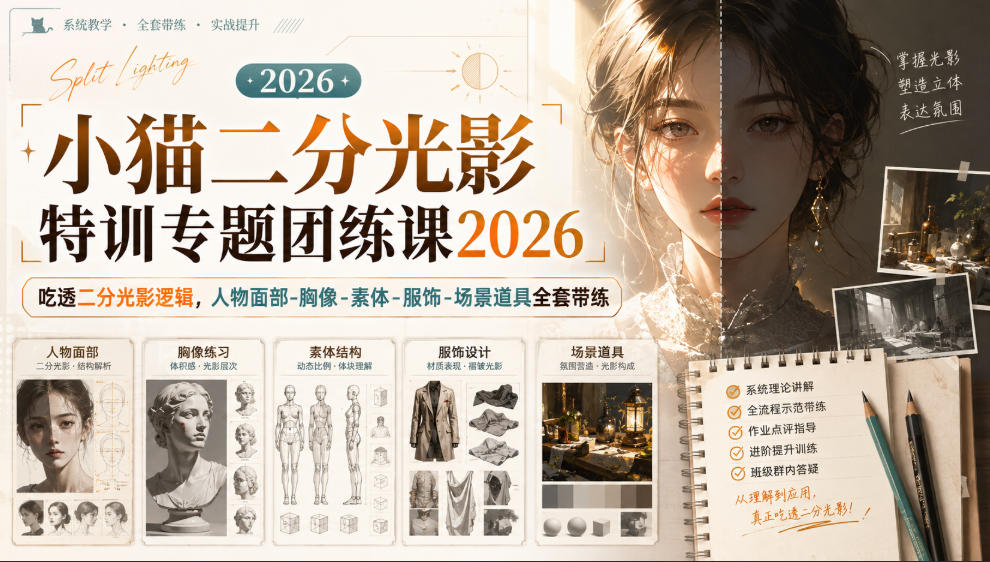 小猫二分光影特训专题团练课2026｜吃透二分光影逻辑，人物面部‑胸像‑素体‑服饰‑场景道具全套带练，高清画质附赠课件与笔刷