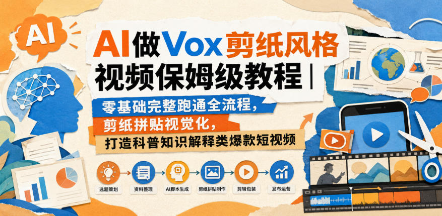 AI做Vox剪纸风格视频保姆级教程|零基础完整跑通全流程,剪纸拼贴视觉化,打造科普知识解释类爆款短视频