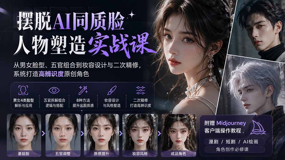 (20006期)摆脱AI同质脸人物塑造实战课:从男女脸型、五官组合到妆容设计与二次精修,系统打造高辨识度原创角色