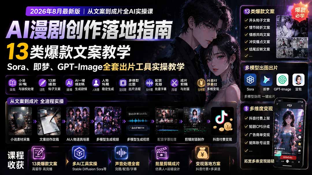 （19691期）AI漫剧创作落地指南｜13类爆款文案教学，Sora、即梦、GPT-Image全套出片工具实操教学