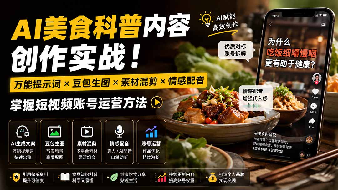 (19730期)外面卖199元-AI美食科普内容创作实战!万能提示词×豆包生图×素材混剪×情感配音,掌握短视频账号运营方法