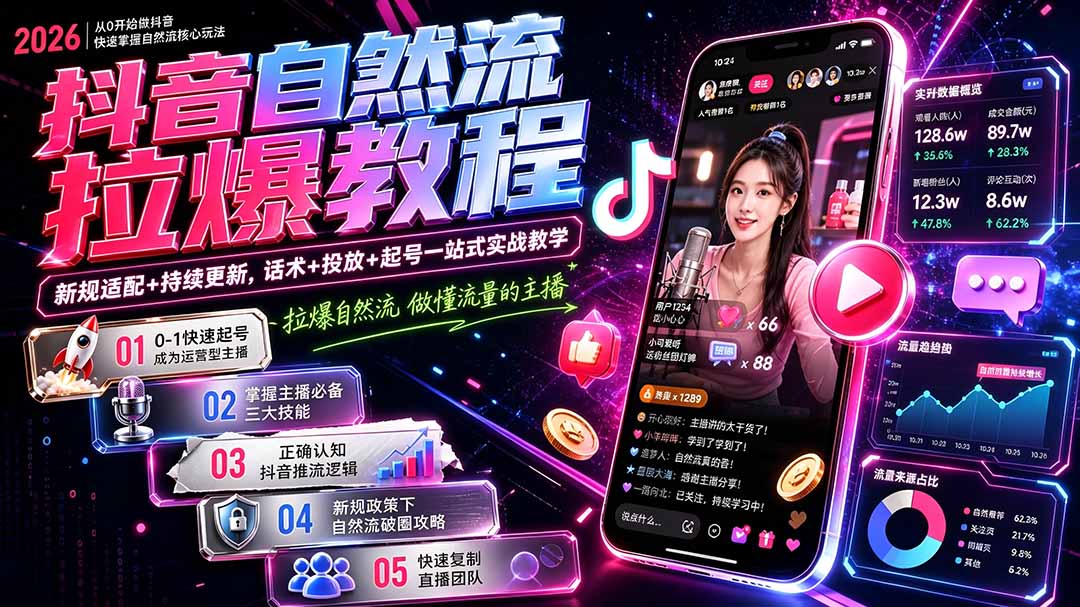 （20011期）抖音自然流拉爆教程-更新8月：做懂流量的主播，新规适配+持续更新，话术+投放+起号一站式实战教学
