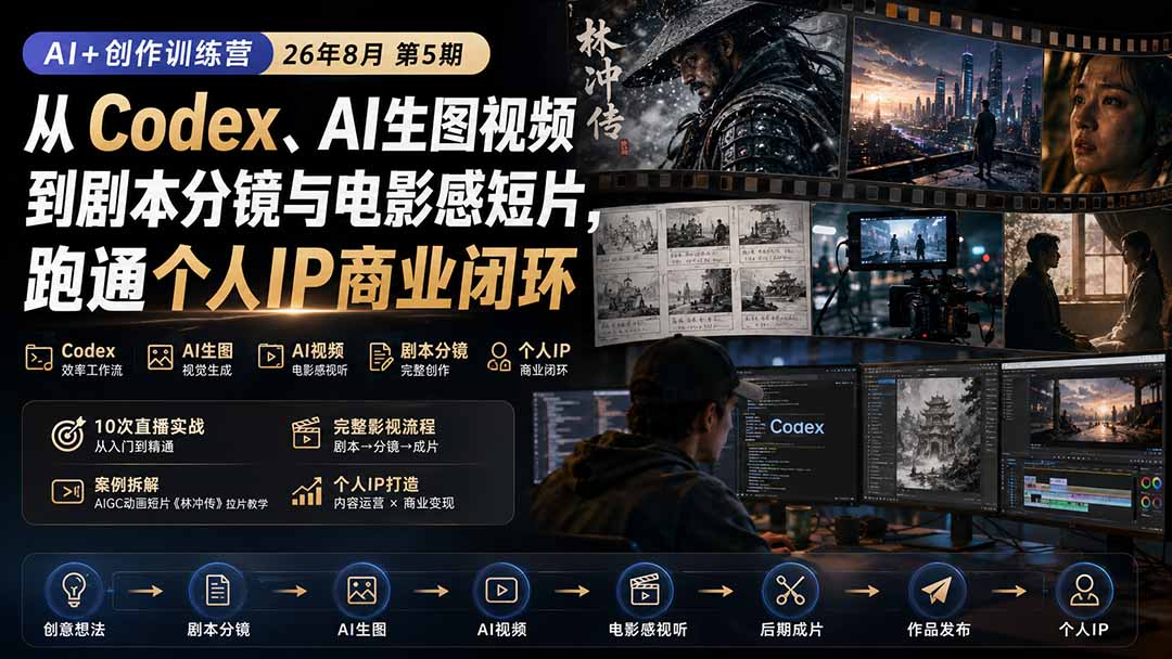 （20145期）AI+创作训练营26年8月第5期：从Codex、AI生图视频到剧本分镜与电影感短片，跑通个人IP商业闭环
