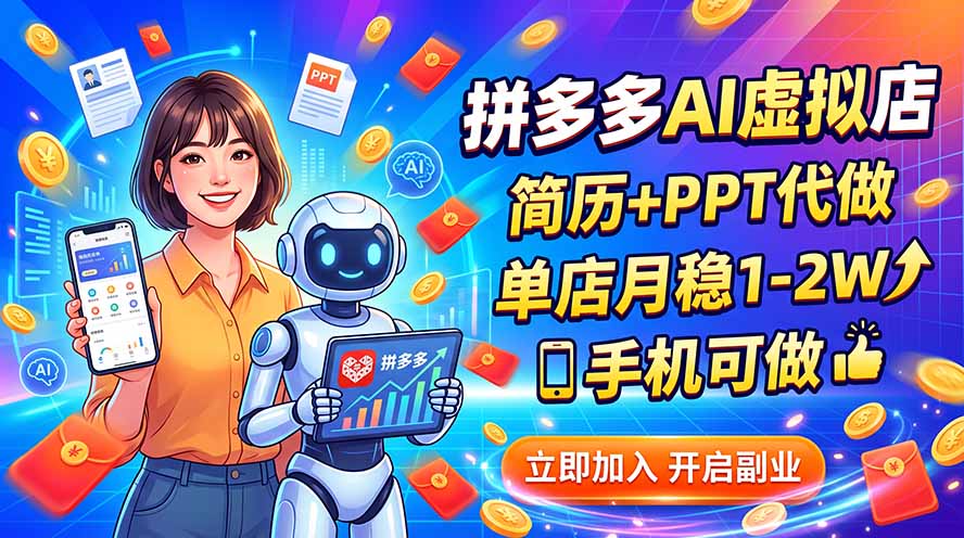 （20013期）拼多多AI虚拟店，简历+PPT代做，单店月稳1-2W，手机可做