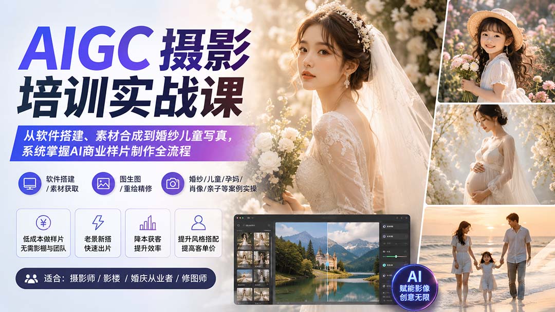 (20161期)AIGC摄影培训实战课:从软件搭建、素材合成到婚纱儿童写真,系统掌握AI商业样片制作全流程