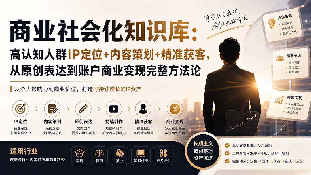 (19733期)商业社会化知识库:高认知人群IP定位+内容策划+精准获客,从原创表达到账户商业变现完整方法论
