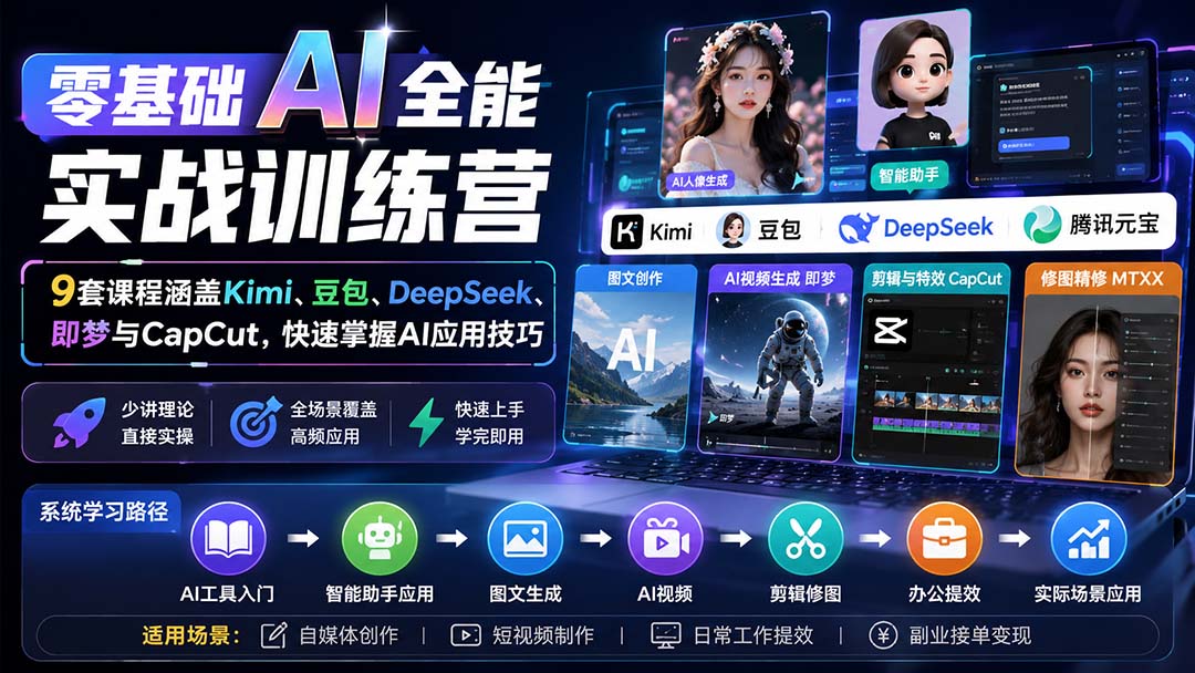 (20134期)零基础AI全能实战训练营:9套课程涵盖Kimi、豆包、DeepSeek、即梦与CapCut,快速掌握AI应用技巧