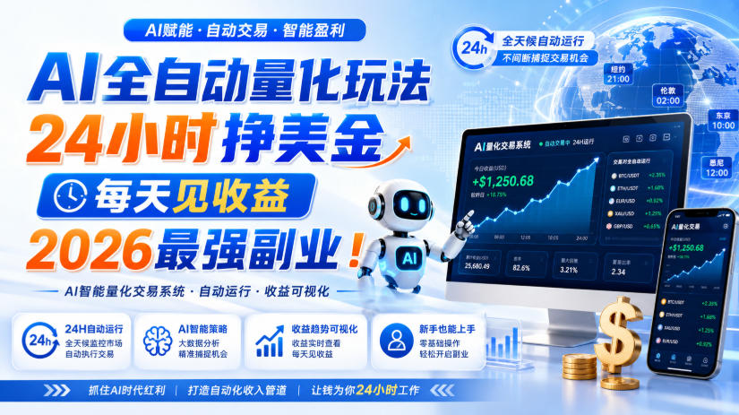 （19899期）AI量化全自动操作挣美金，矩阵可日入1000+，适合普通人的副业！