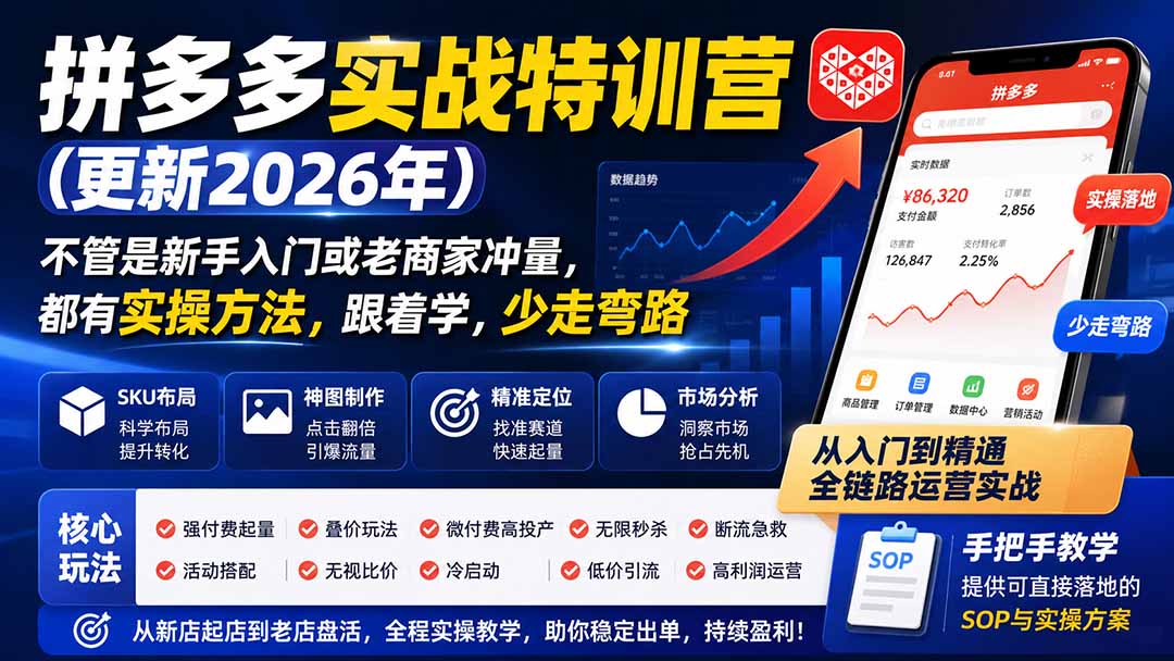 (20092期)拼多多实战特训营(更新26年0827):不管是新手入门或老商家冲量,都有实操方法,跟着学,少走弯路
