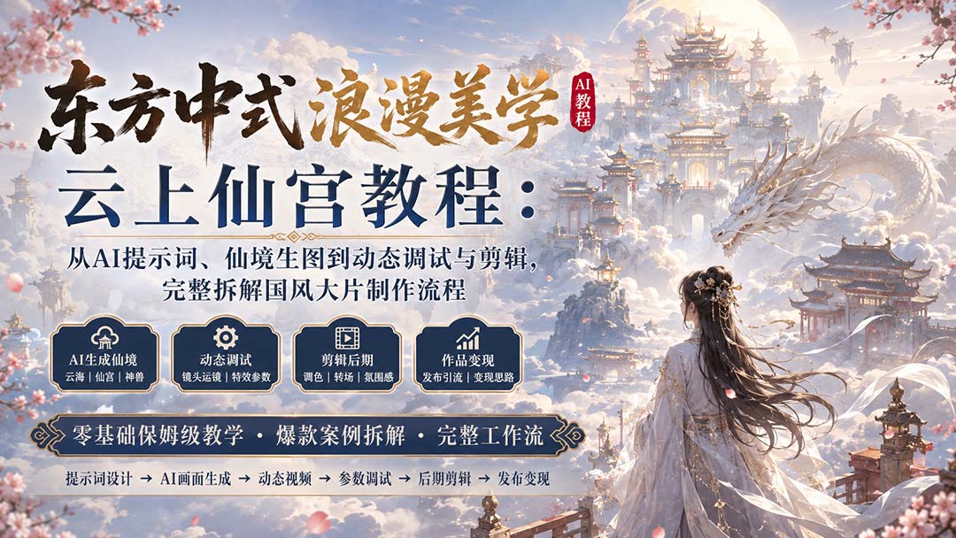 (20147期)东方中式浪漫美学云上仙宫教程:从AI提示词、仙境生图到动态调试与剪辑,完整拆解国风大片制作流程