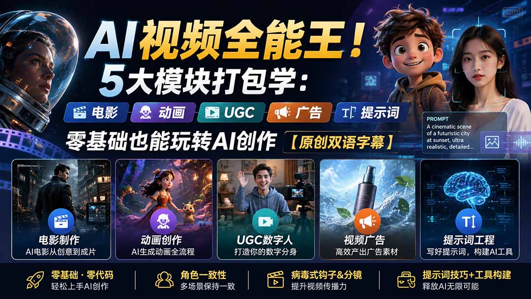 (20048期)AI视频全能王!5大模块打包学:电影、动画、UGC、广告、提示词,零基础也能玩转AI创作【原创双语字幕】