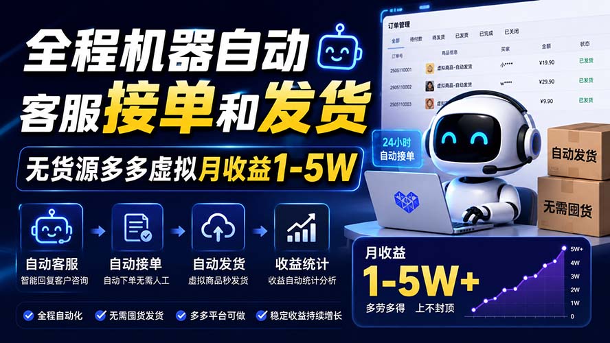 (20119期)全程机器自动客服接单和发货,无货源多多虚拟月收益1-5W