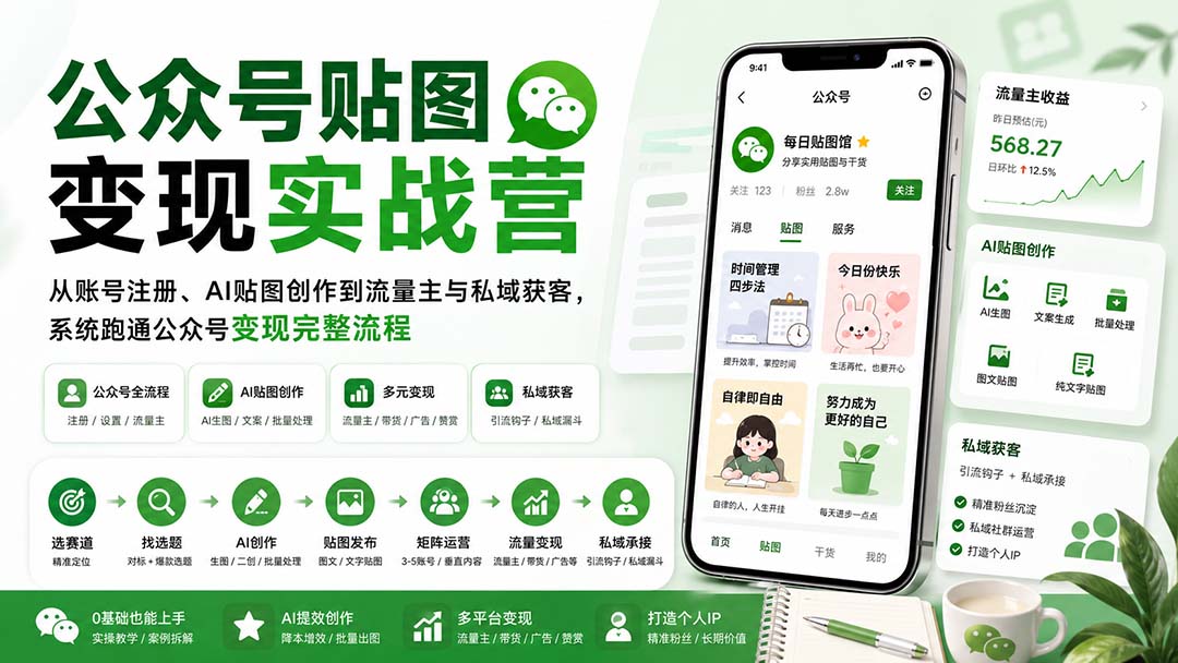 (20120期)公众号贴图变现实战营:从账号注册、AI贴图创作到流量主与私域获客,系统跑通公众号变现完整流程