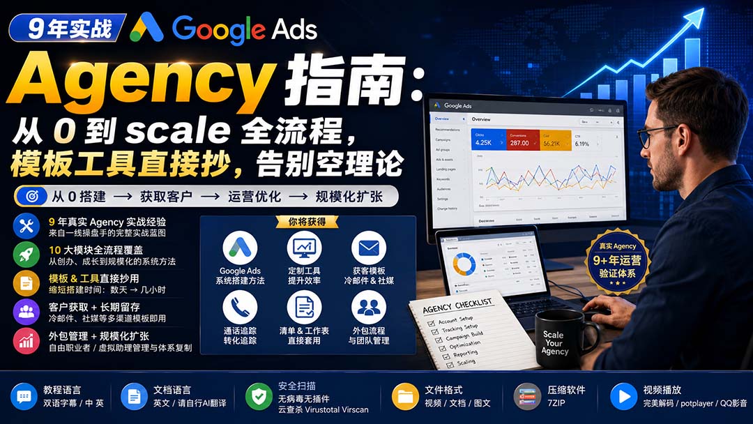 （20139期）9 年实战 Google Ads Agency 指南：从 0 到 scale 全流程，模板工具直接抄，告别空理论【原创双语字幕】