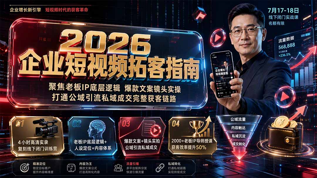 (19667期)2026企业短视频拓客指南:聚焦老板IP底层逻辑,爆款文案镜头实操,打通公域引流私域成交完整获客链路