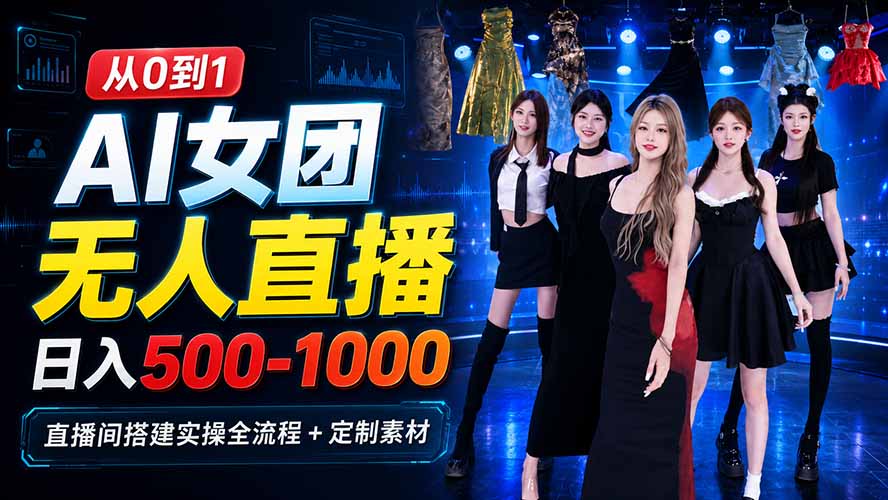 （20051期）AI 女团无人直播，躺入500‑1000每天，直播间搭建实操全流程+定制素材