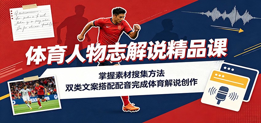 体育人物志解说精品课:掌握素材搜集方法,双类文案搭配配音完成体育解说创作