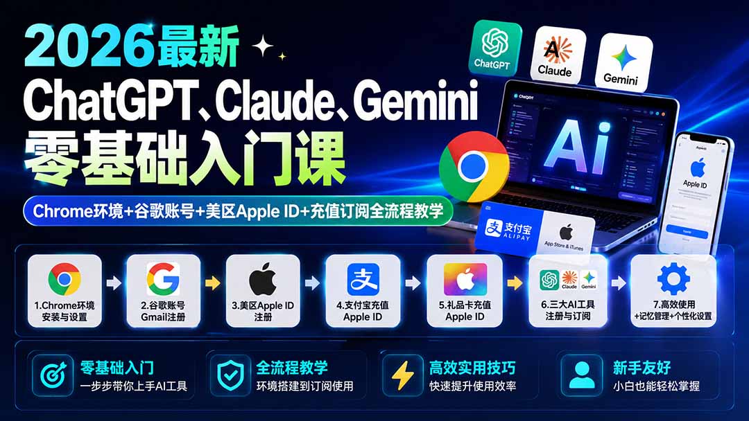 (19923期)2026最新ChatGPT、Claude、Gemini零基础入门课:Chrome环境+谷歌账号+美区Apple ID+充值订阅全流程教学