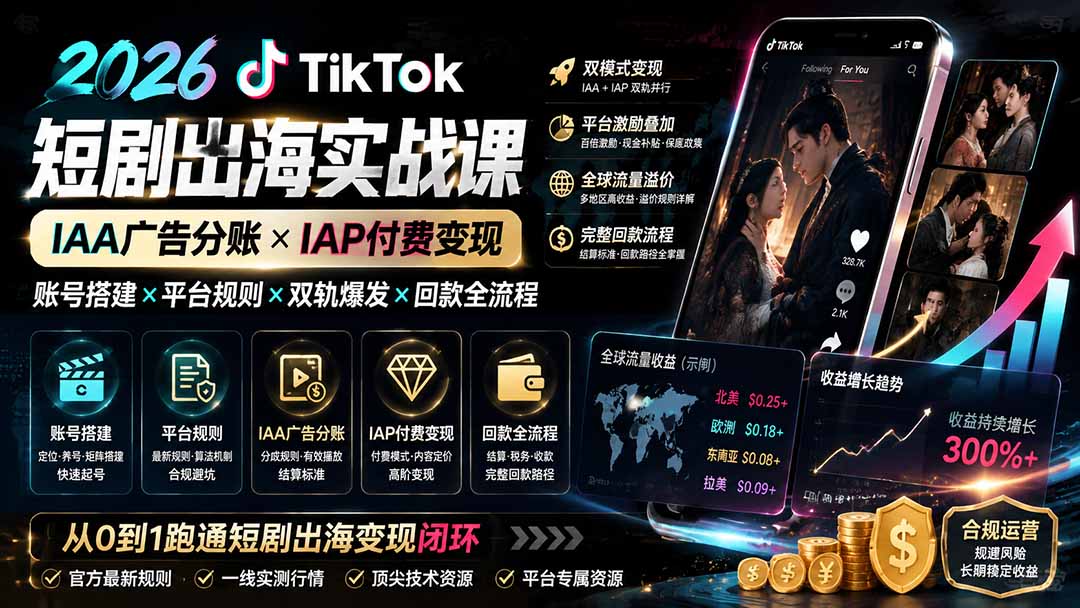 (19740期)2026TikTok短剧出海实战课:IAA广告分账×IAP付费变现×账号搭建×平台规则×双轨爆发×回款全流程