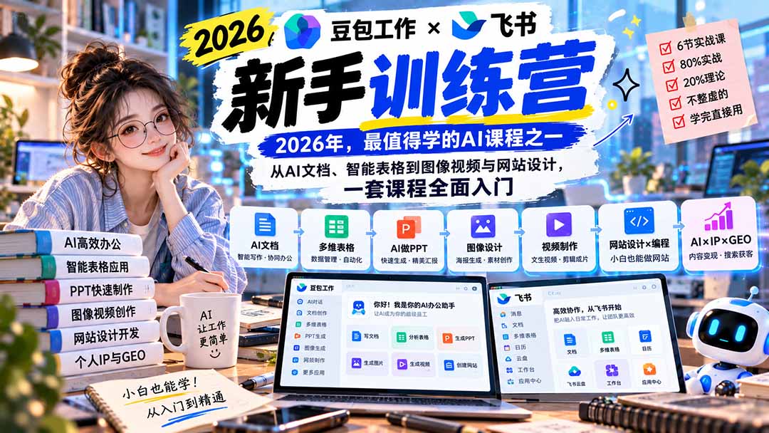 (20645期)2026豆包工作+飞书新手训练营-9月新课:从AI文档、智能表格到图像视频与网站设计,一套课程全面入门