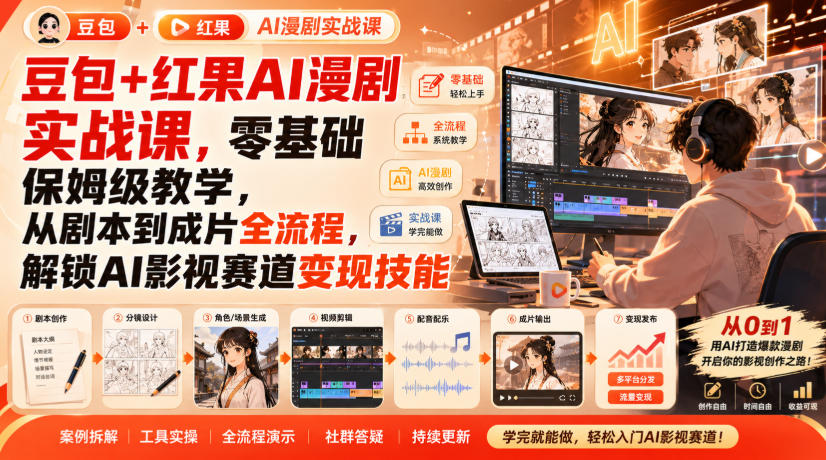 豆包+红果AI漫剧实战课,零基础保姆级教学,从剧本到成片全流程,解锁AI影视赛道变现技能