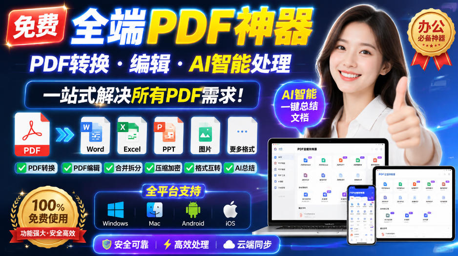 免费全端PDF神器,PDF转换·编辑·AI智能处理,一站式解决所有PDF需求!