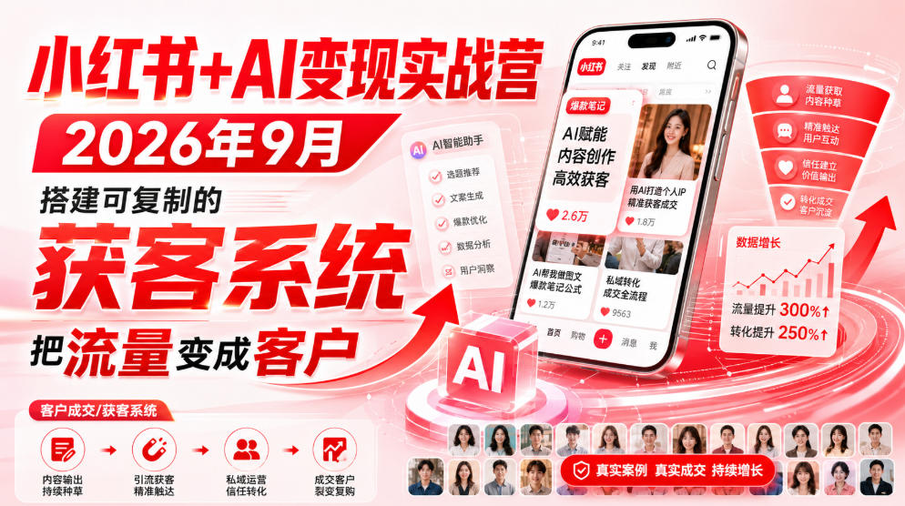 小红书+AI变现实战营2026年9月，搭建可复制的获客系统，把流量变成客户！