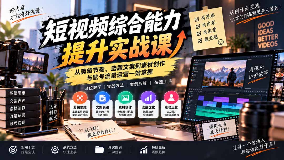 (20599期)短视频综合能力提升实战课:从剪辑节奏、选题文案到素材创作与账号流量运营一站掌握