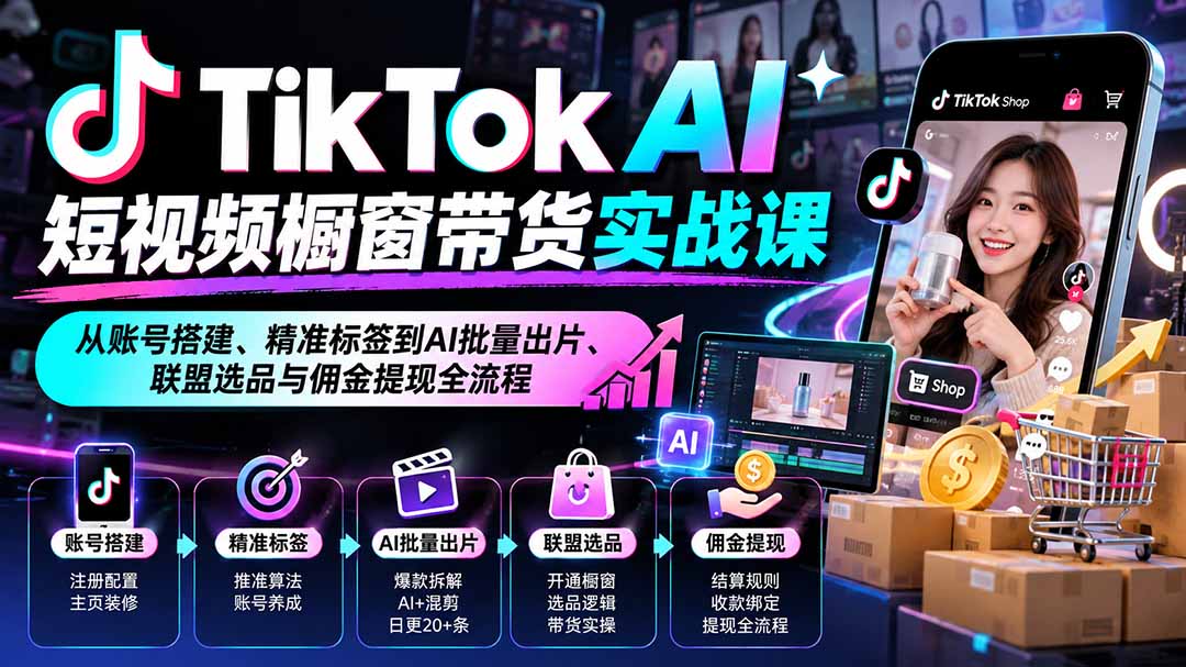 （20725期）TikTok AI短视频橱窗带货实战课：从账号搭建、精准标签到AI批量出片、联盟选品与佣金提现全流程