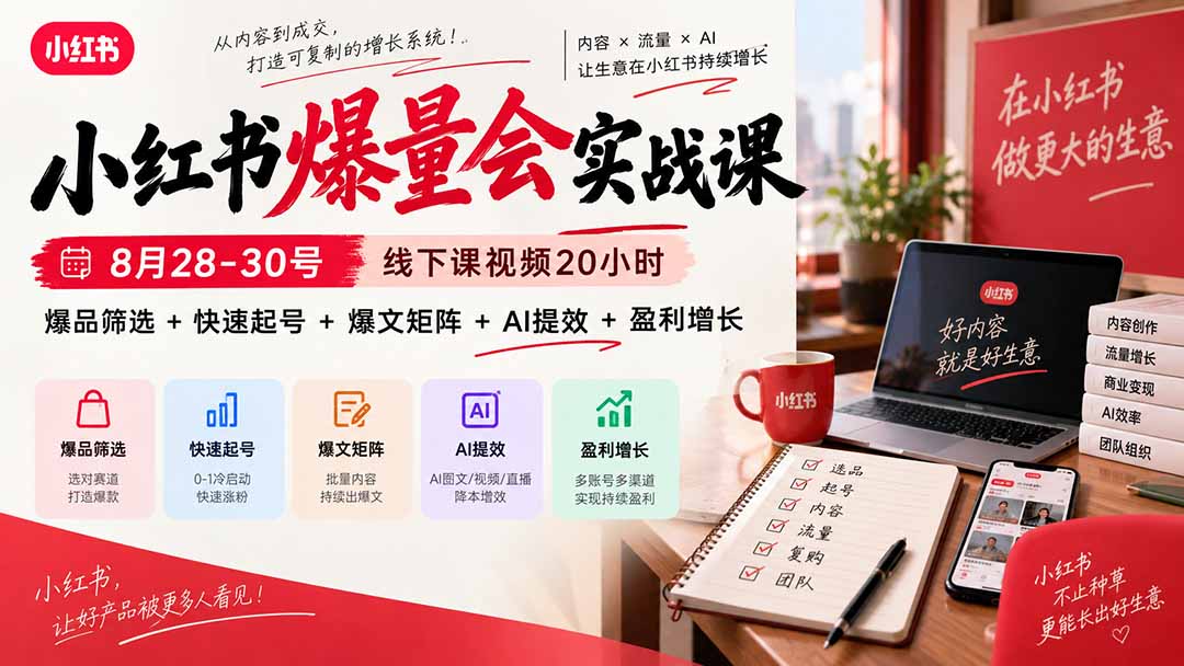 (20359期)小红书爆量会实战课:8月28-30号线下课视频20小时,爆品筛选+快速起号+爆文矩阵+AI提效+盈利增长